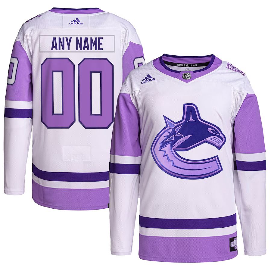Men Vancouver Canucks adidas White Purple Hockey Fights Cancer Primegreen Authentic Custom NHL Jersey